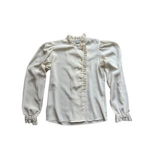 Vintage 80s Ruffle Blouse Women’s Small Cream Satin Puff Sleeve Lilla Romantic